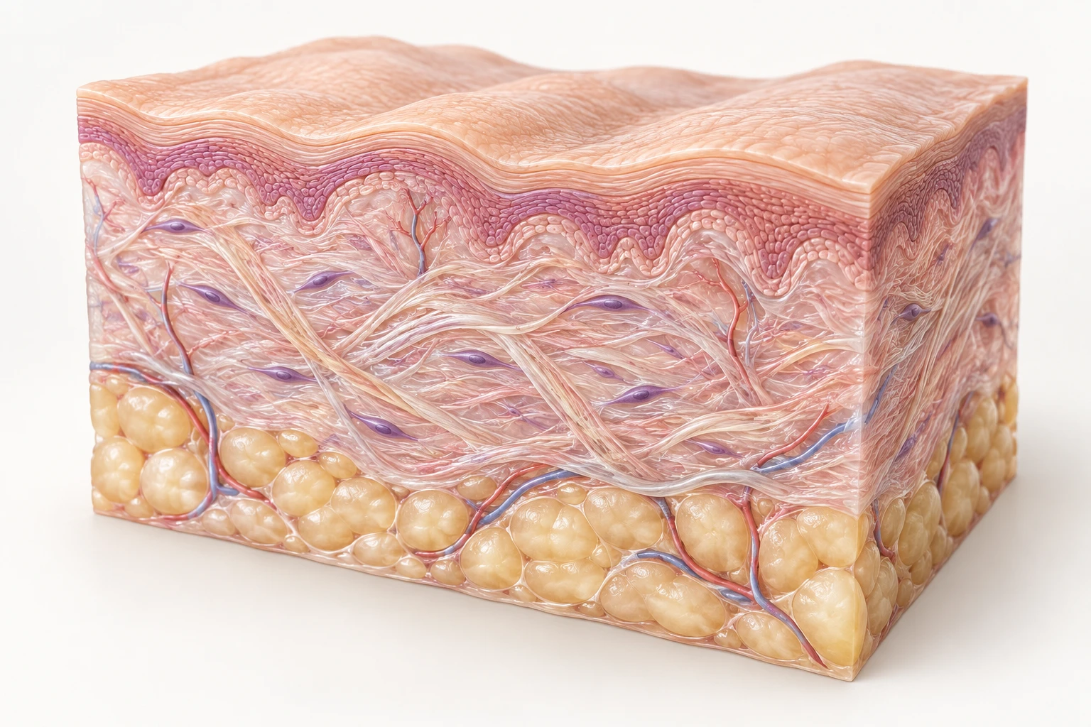 General skin model showing the epidermis, dermis and subcutaneous fat